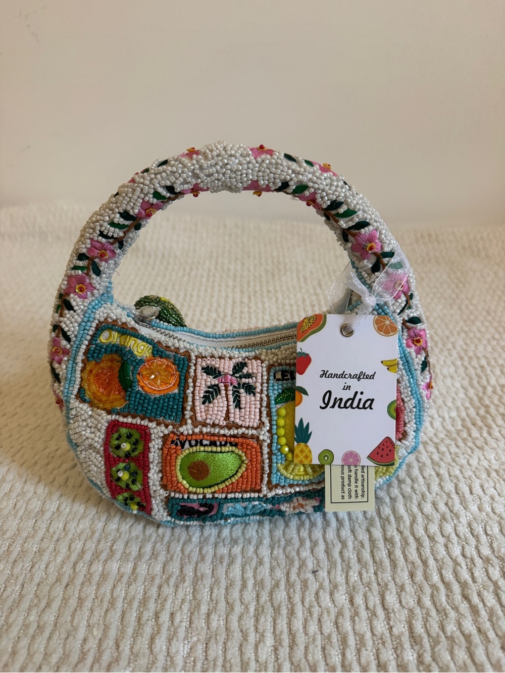 Handcrafted White Beaded Fruit Patch Mini Bag
